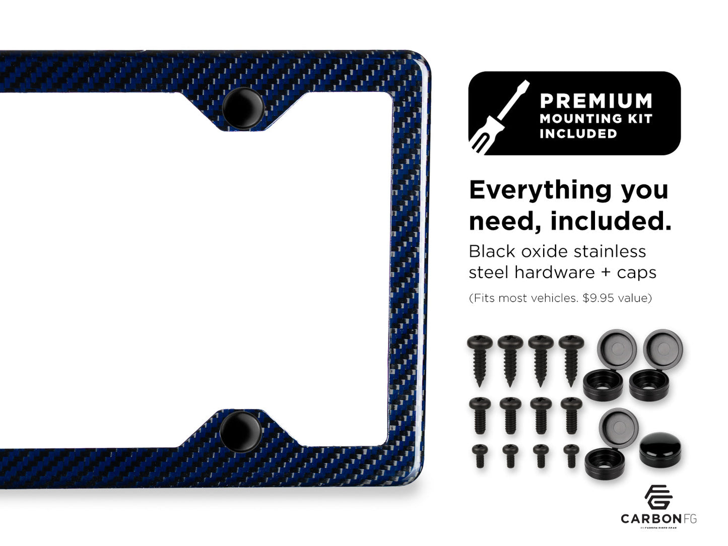Blue carbon fiber license plate frame with premium black oxide stainless steel hardware and caps, shown with full mounting kit