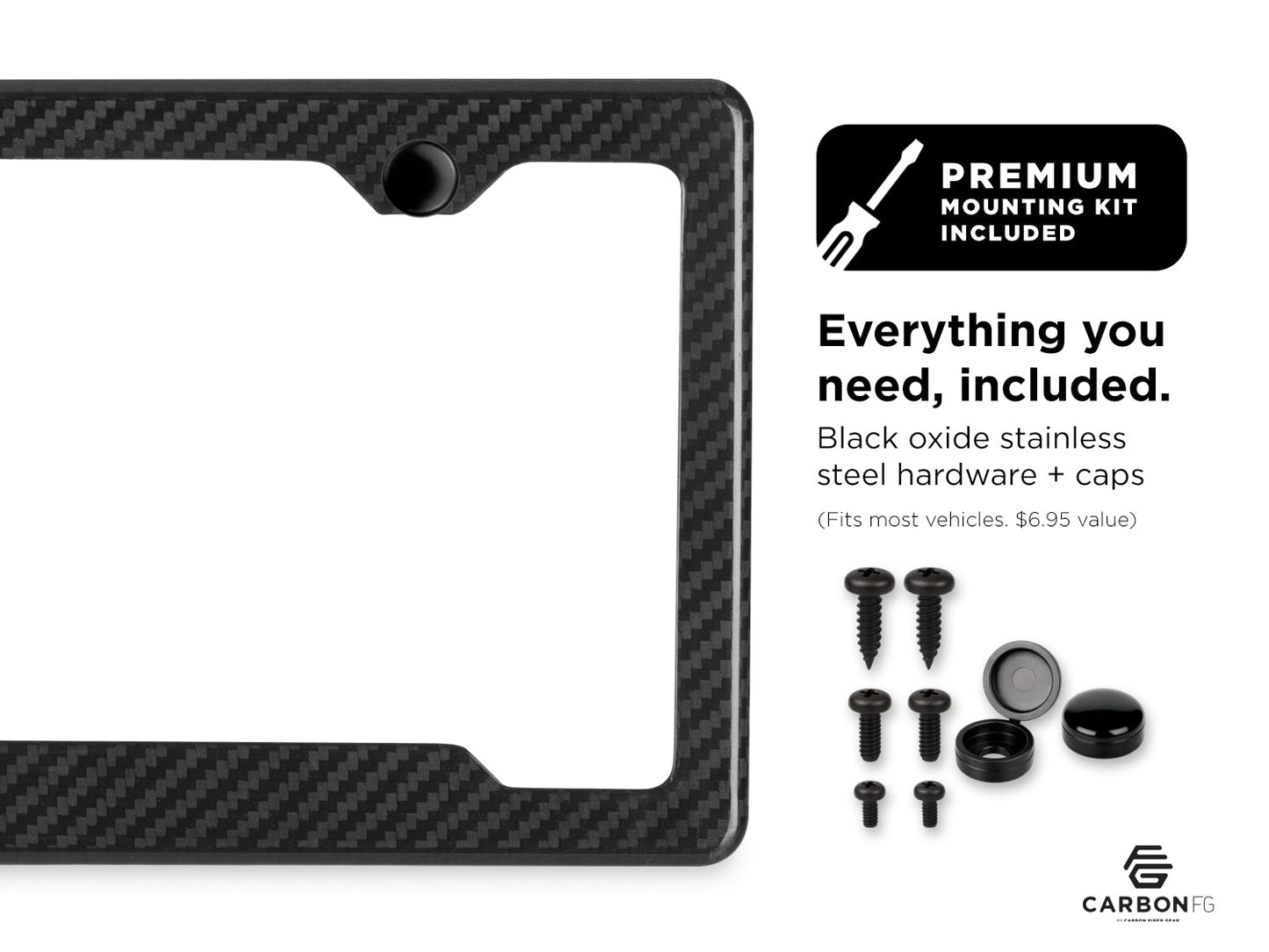 Carbon fiber license plate frame with included black oxide stainless steel hardware and caps, shown with premium mounting kit contents