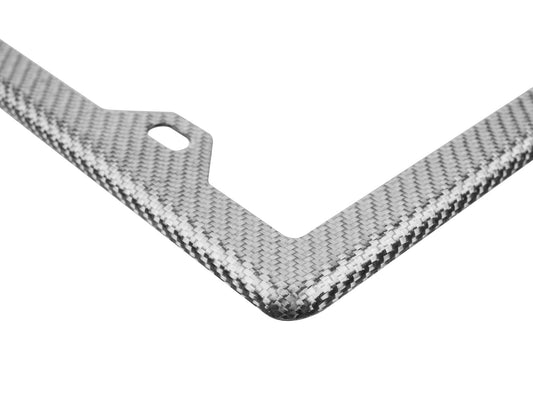 Silver carbon fiber license plate frame corner