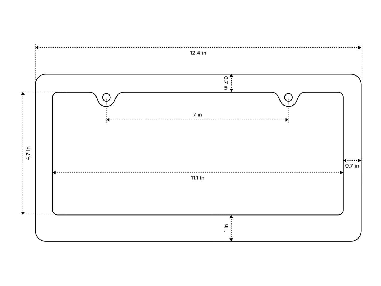 Technical diagram showing precise measurements of 2-hole frame design with 1-inch bottom and 0.7-inch side borders