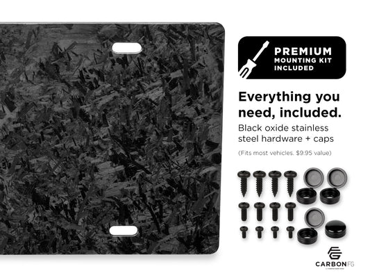 Forged carbon fiber license plate with included black oxide stainless steel hardware and caps, shown with premium mounting kit contents