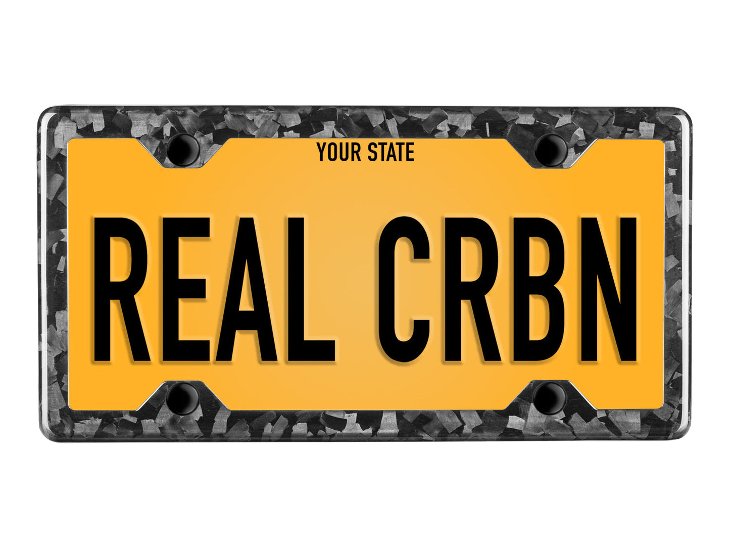 Forged carbon fiber license plate frame with 4-hole minimal design and gloss finish on yellow plate reading REAL CRBN