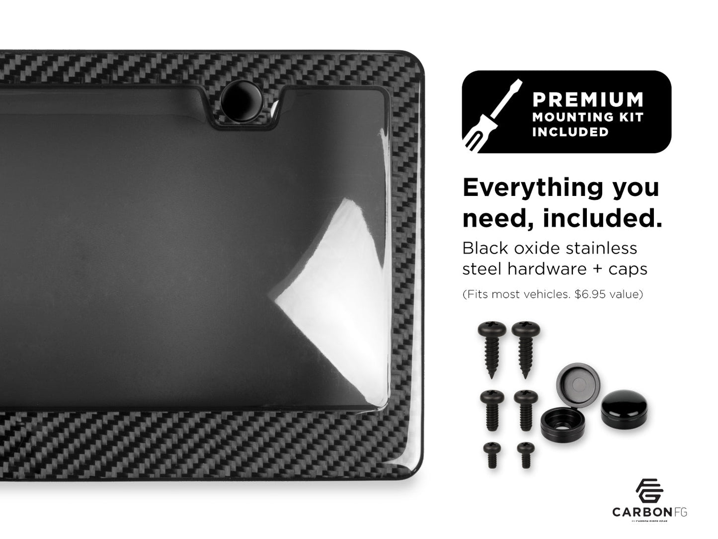 Carbon fiber license plate frame with smoked protective window and black oxide stainless steel hardware, premium mounting kit included