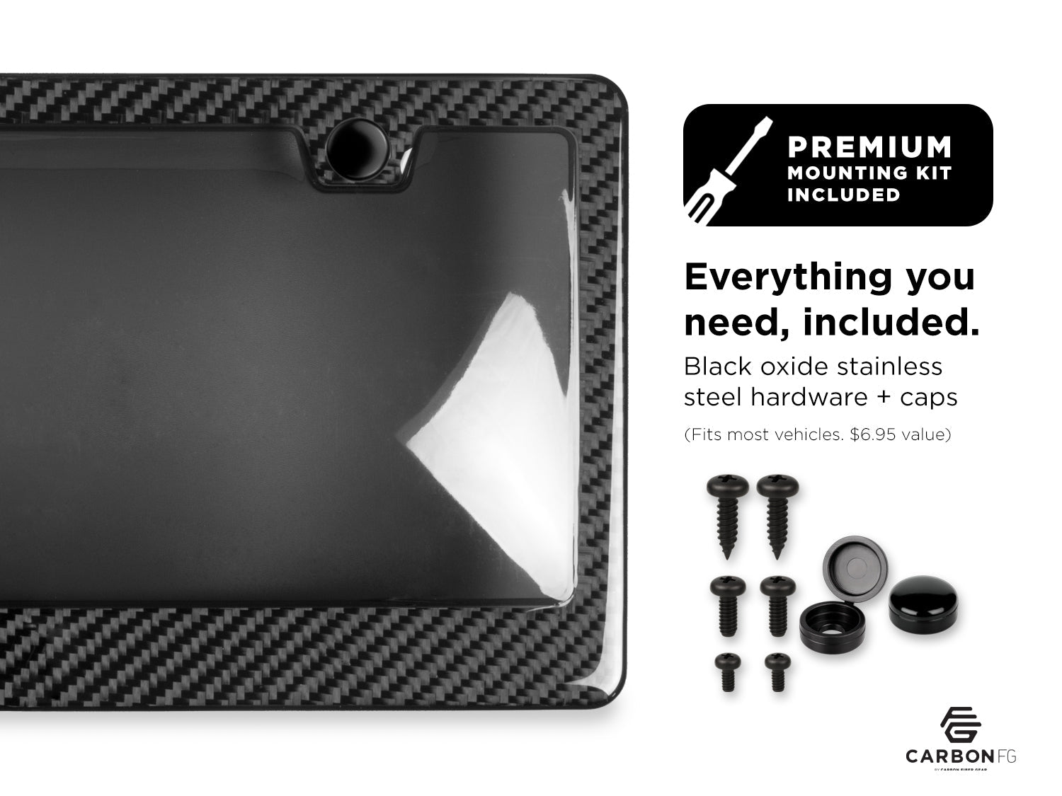 Carbon fiber license plate frame with smoked protective window and black oxide stainless steel hardware, premium mounting kit included