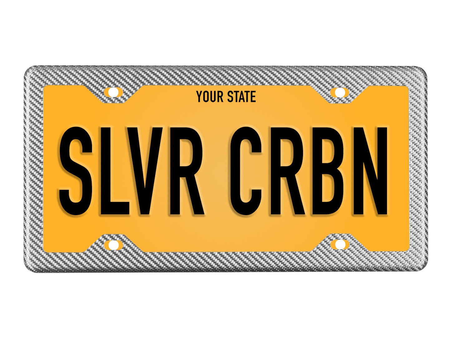 Silver carbon fiber license plate frame with 4 holes and license plate