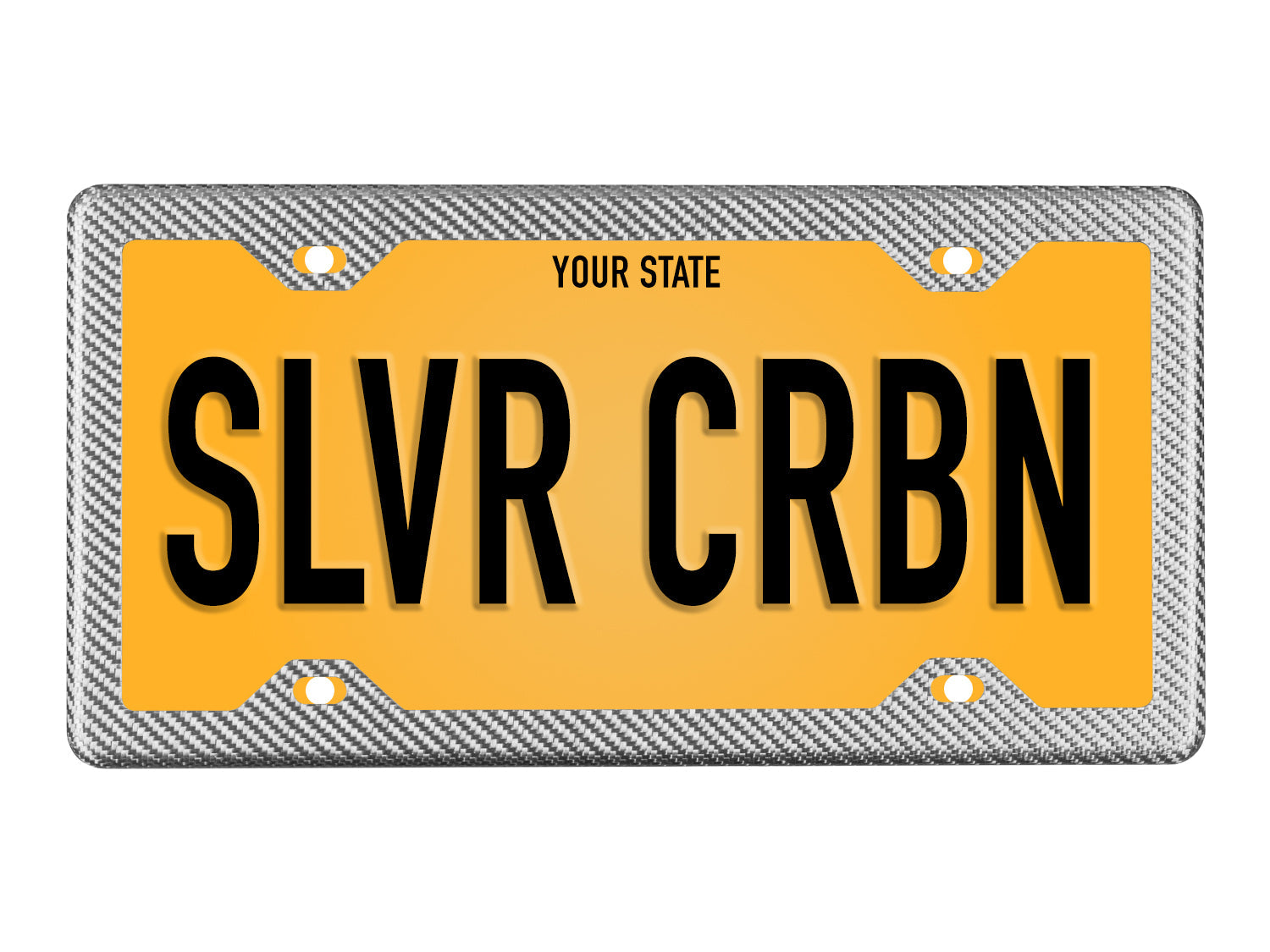 Silver carbon fiber license plate frame with 4 holes and license plate