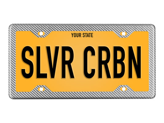 Silver carbon fiber license plate frame with 4 holes and license plate