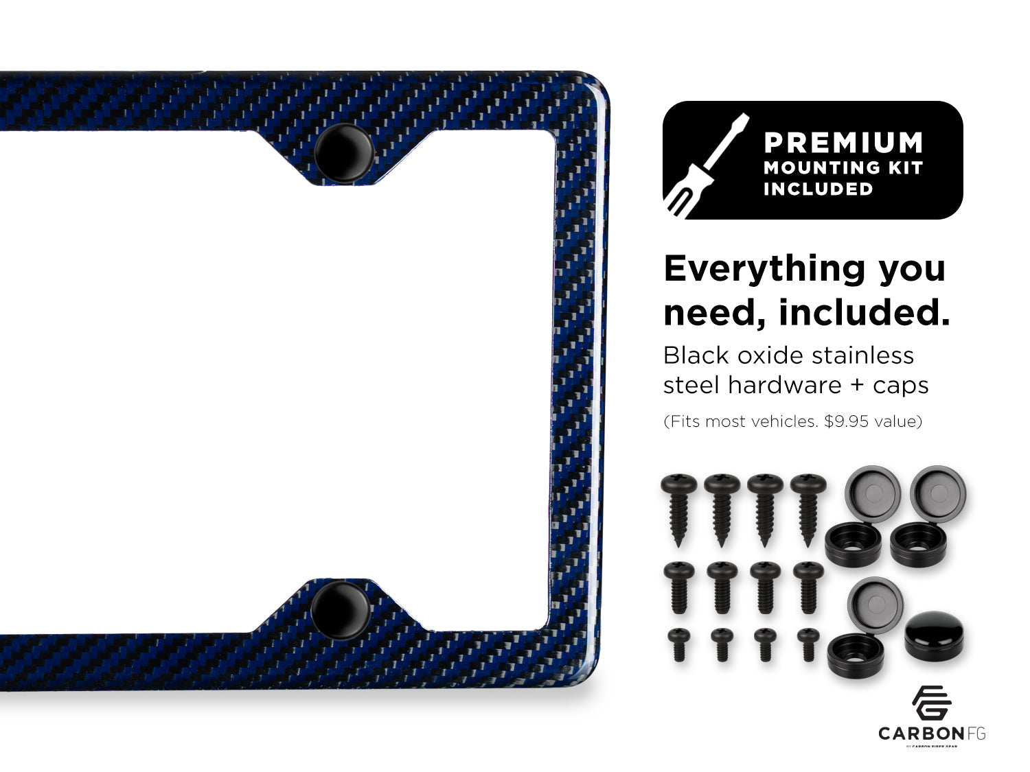 Blue carbon fiber license plate frame with premium black oxide stainless steel hardware and caps, shown with full mounting kit