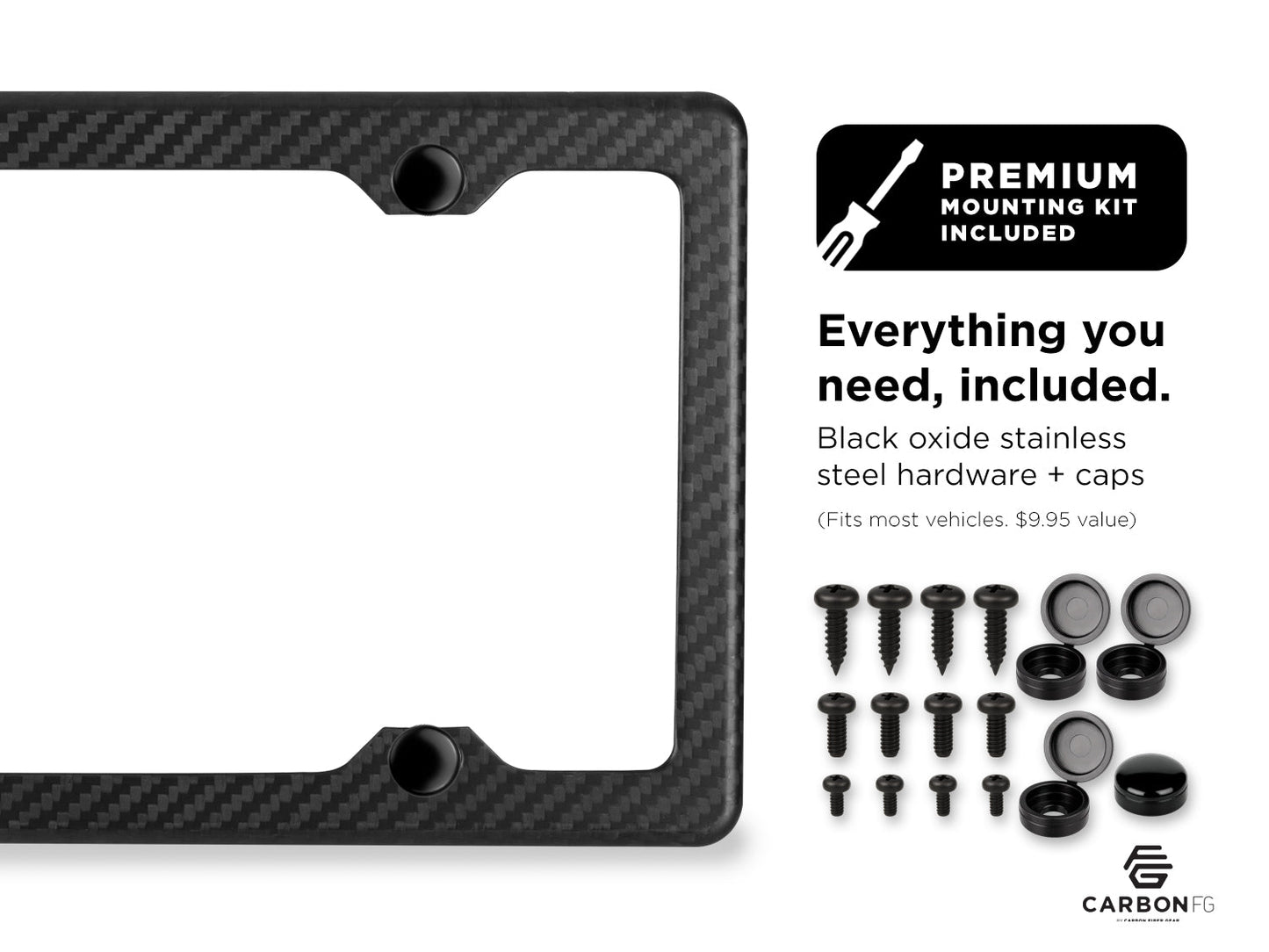 Carbon fiber license plate frame with included black oxide stainless steel hardware and caps, shown with premium mounting kit contents