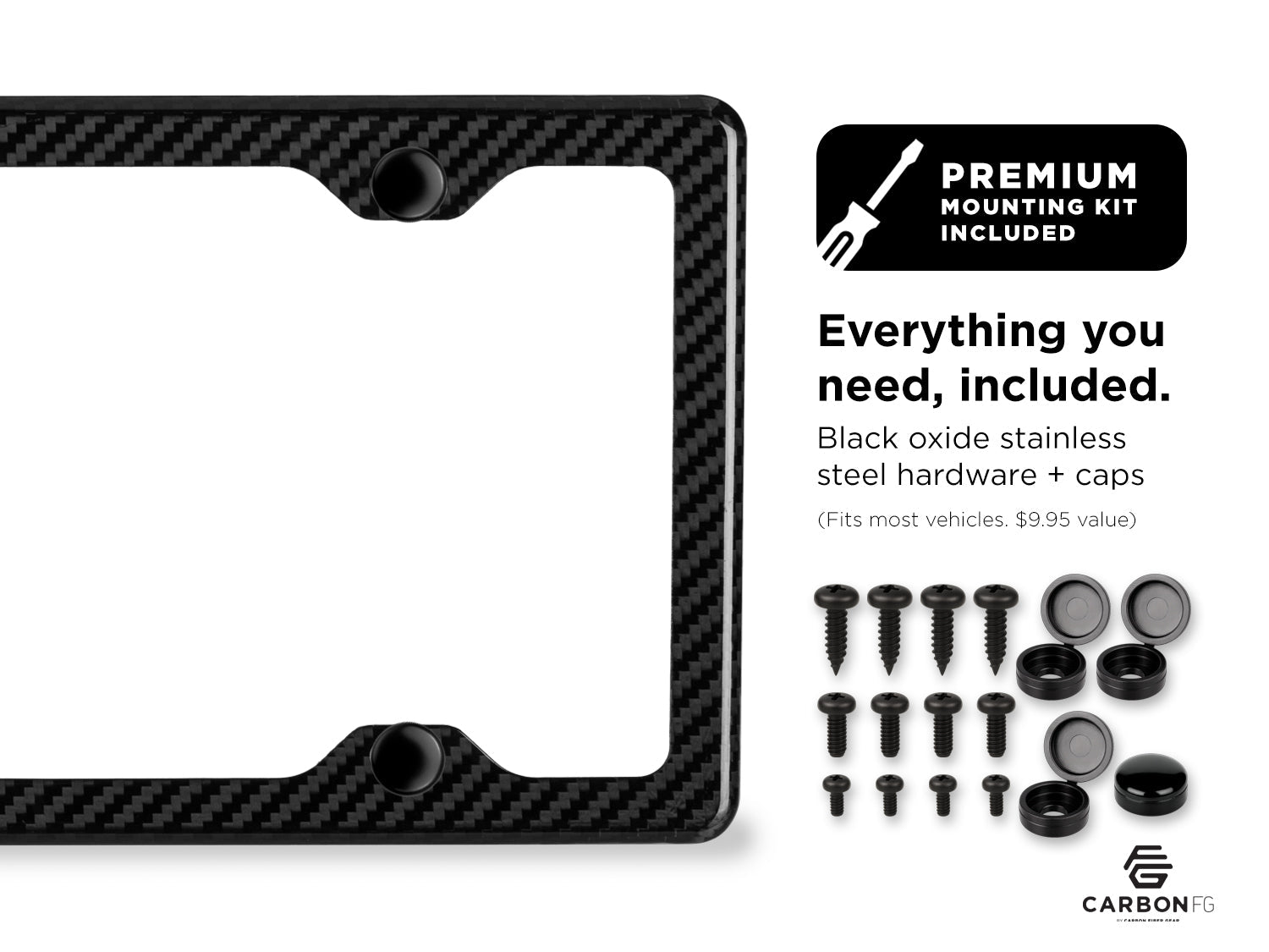 Carbon fiber license plate frame with included black oxide stainless steel hardware and caps, shown with premium mounting kit contents