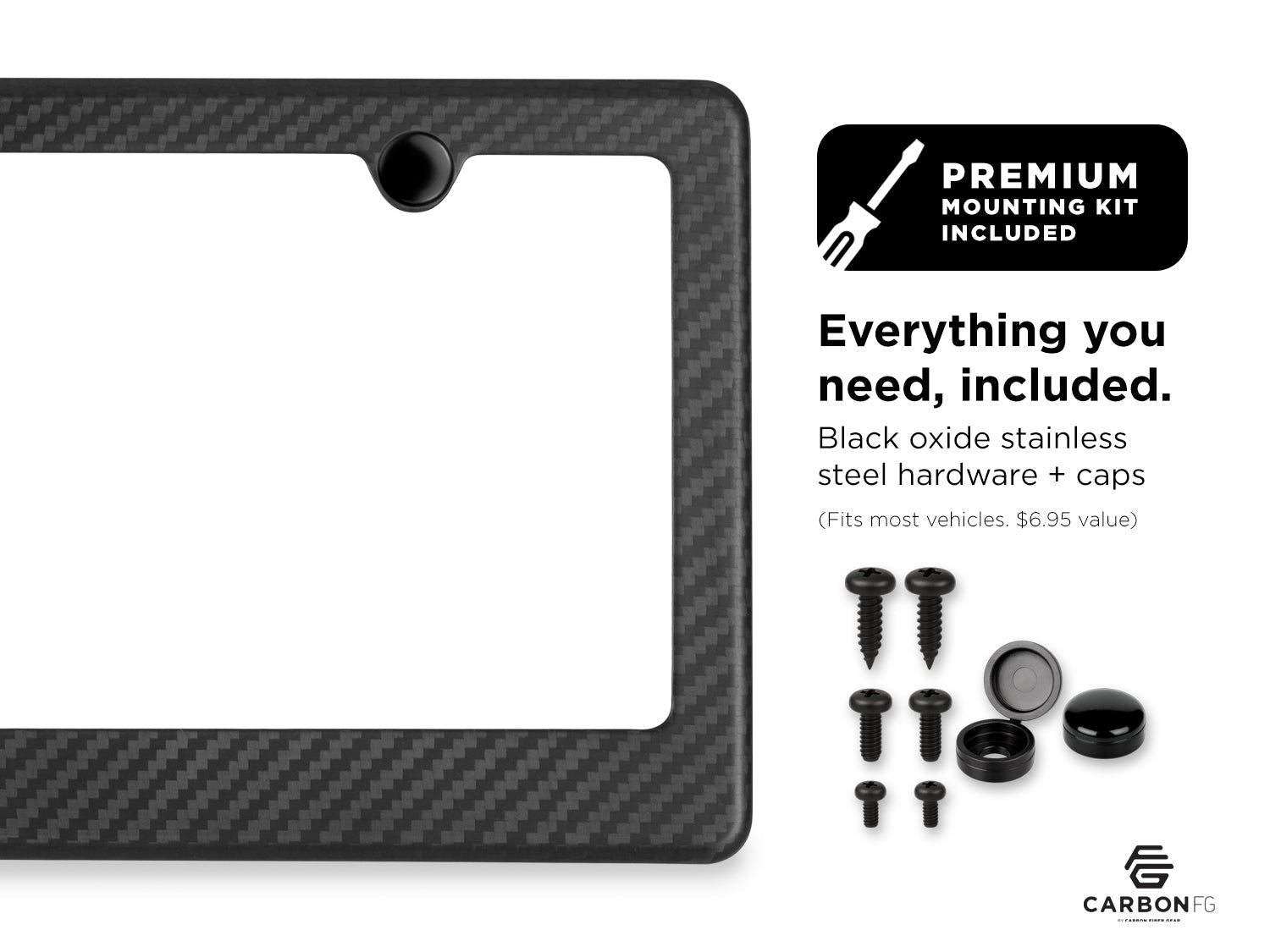 Carbon fiber license plate frame with included black oxide stainless steel hardware and caps, shown with premium mounting kit contents