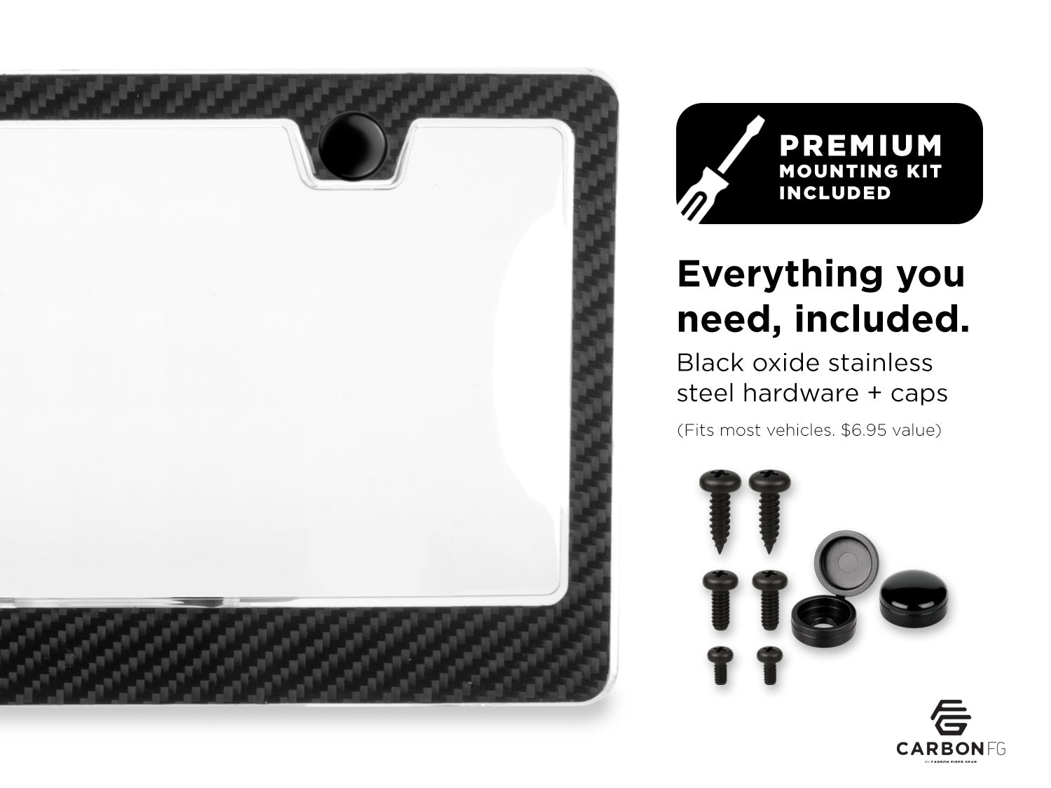 Carbon fiber license plate frame with included black oxide stainless steel hardware and caps, shown with premium mounting kit contents
