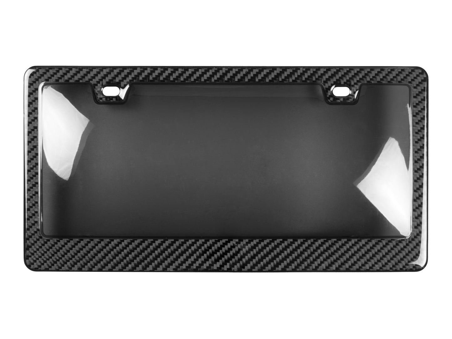 Full view of carbon fiber license plate frame with smoked acrylic window, shown on white background