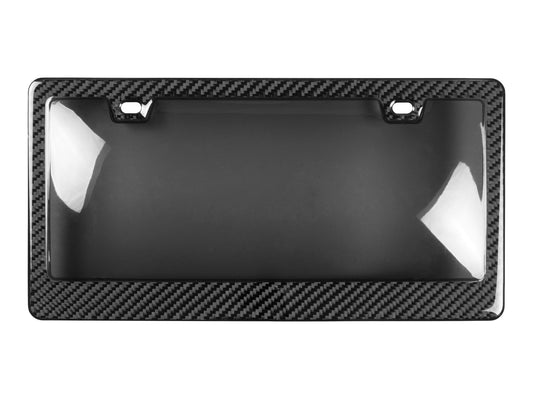 Full view of carbon fiber license plate frame with smoked acrylic window, shown on white background