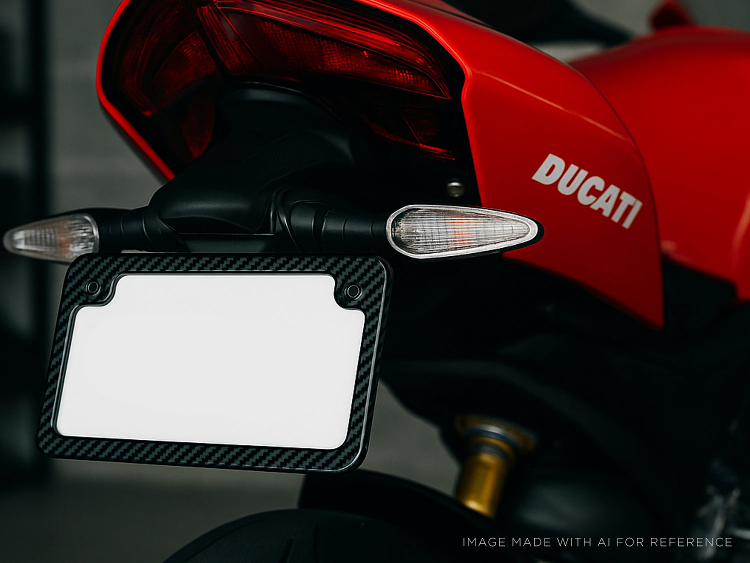 Close-up rear view of Ducati Panigale V3 with real carbon fiber 2-hole motorcycle license plate frame in a garage setting