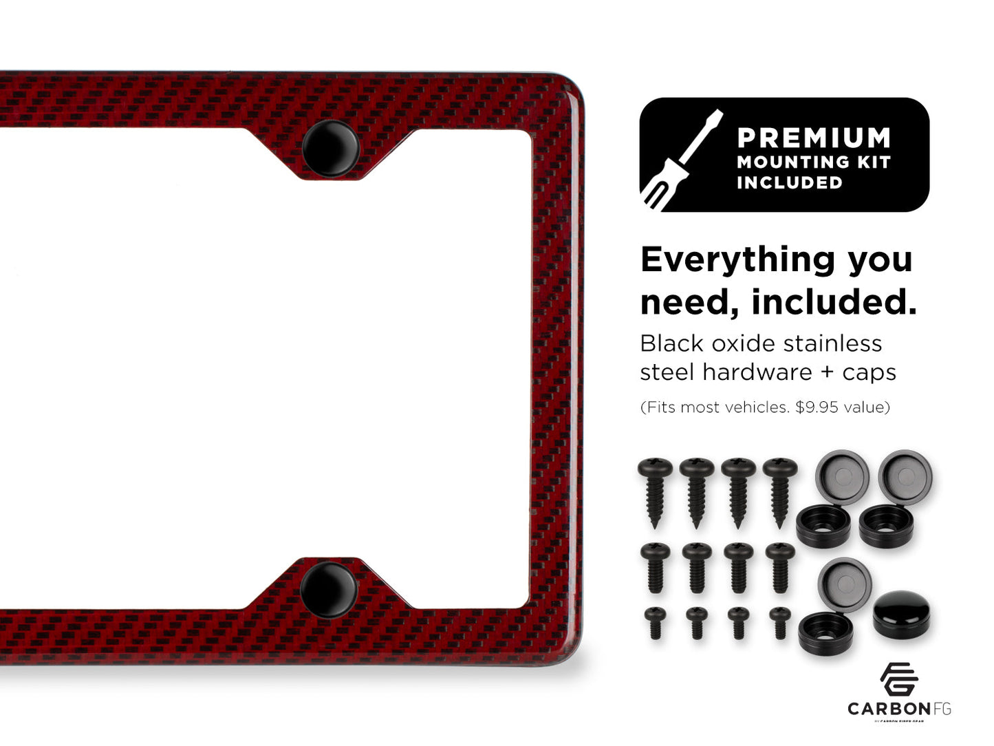Red carbon fiber license plate frame with premium black oxide stainless steel hardware and caps, shown with full mounting kit