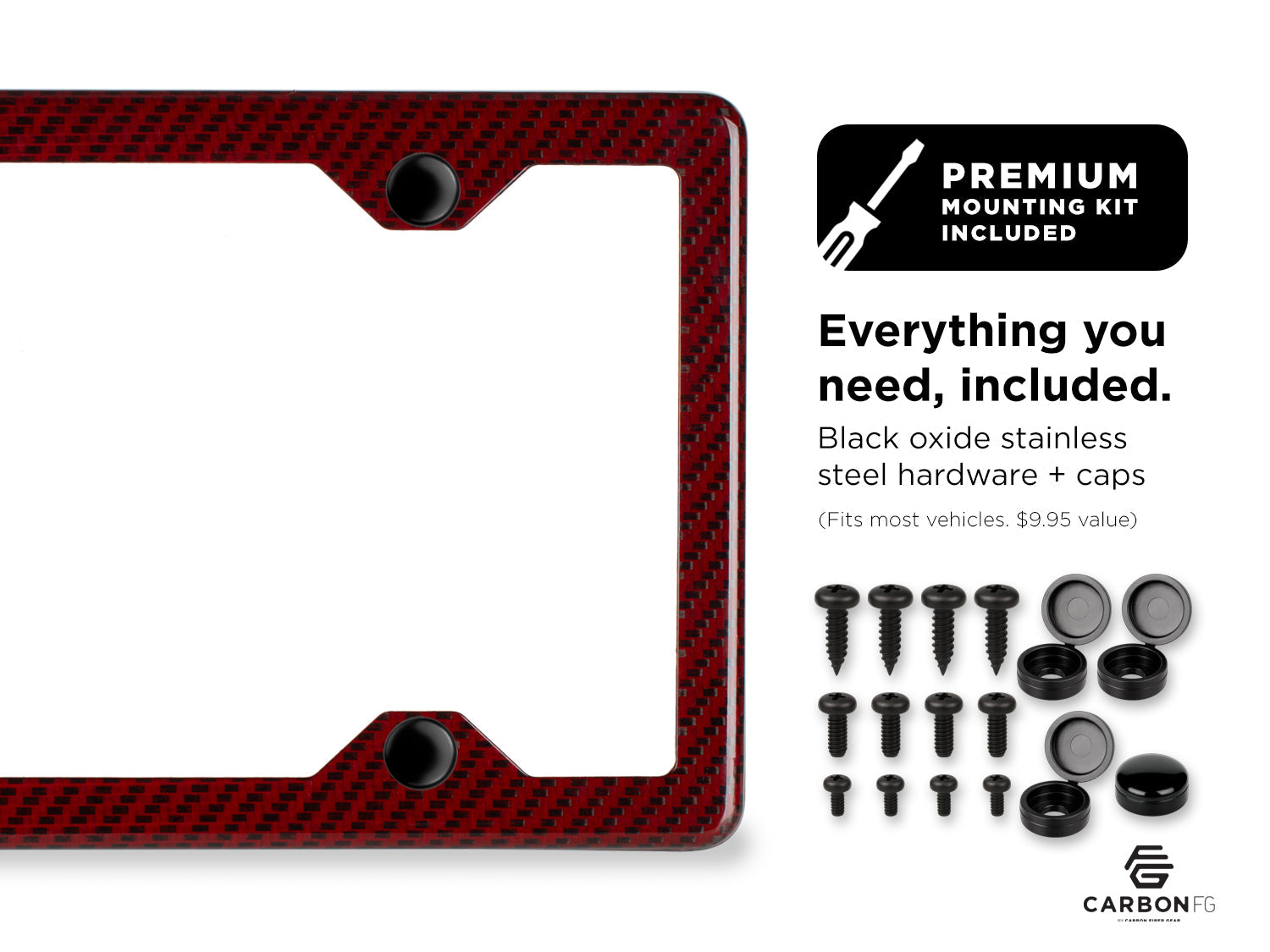 Red carbon fiber license plate frame with premium black oxide stainless steel hardware and caps, shown with full mounting kit