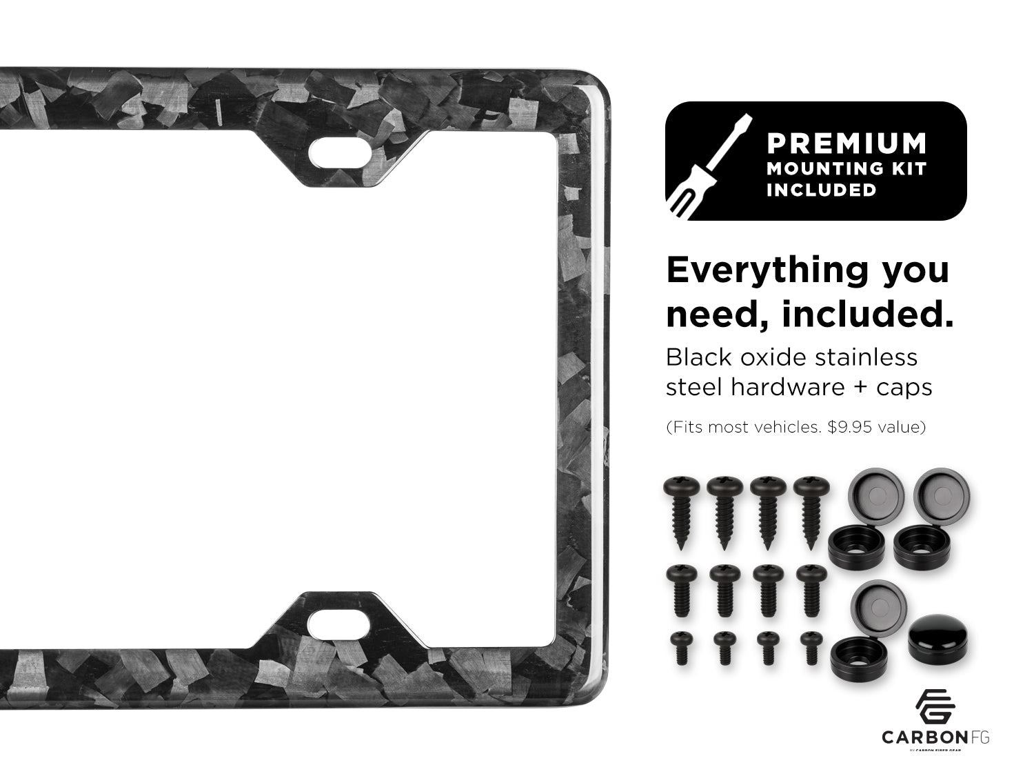 Forged carbon fiber 4-hole license plate frame with premium hardware kit including black oxide screws and caps (fits most vehicles)