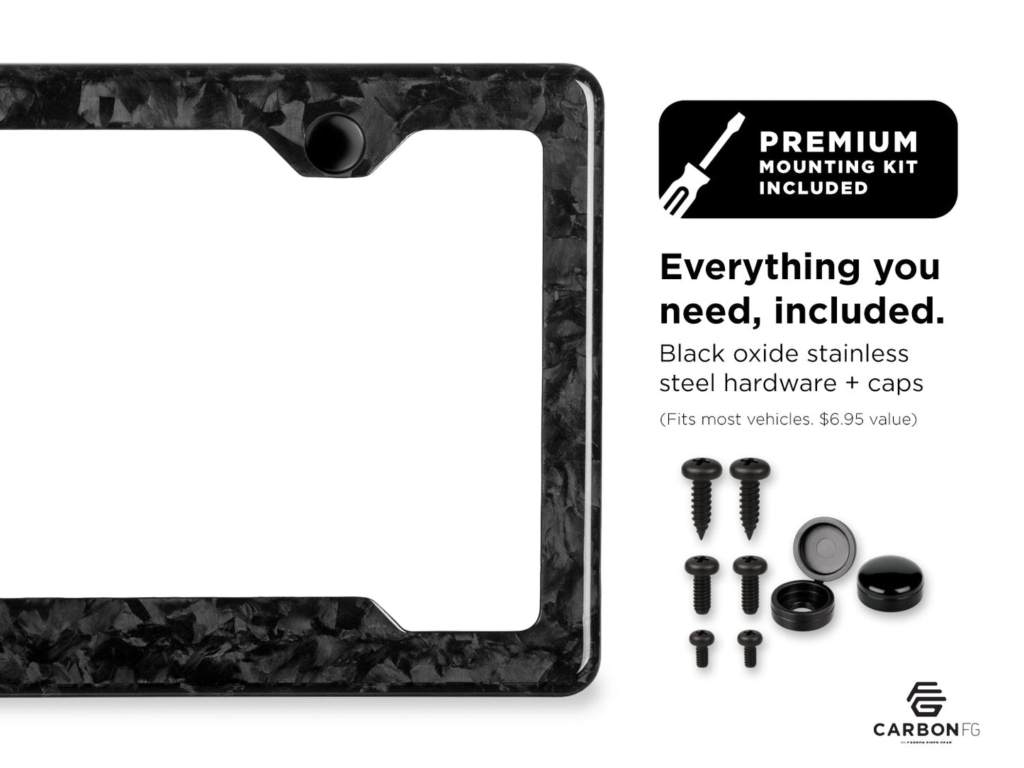 Carbon fiber license plate frame with included black oxide stainless steel hardware and caps, shown with premium mounting kit contents