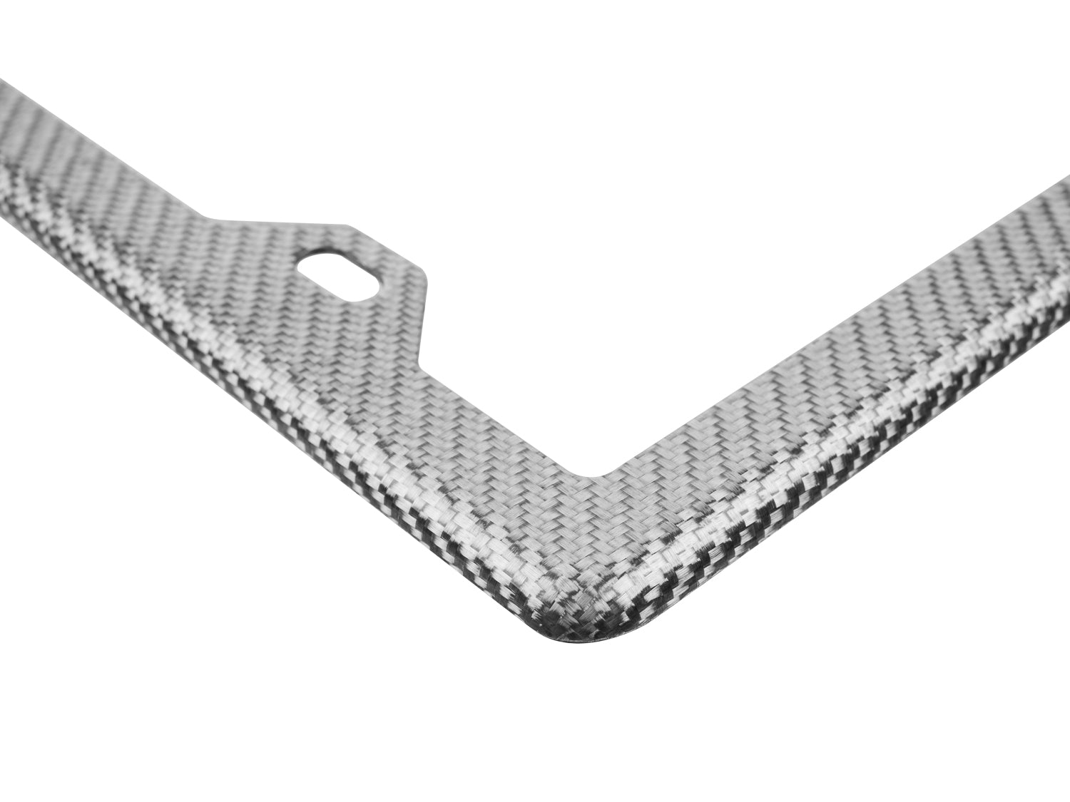 Silver carbon fiber license plate frame corner