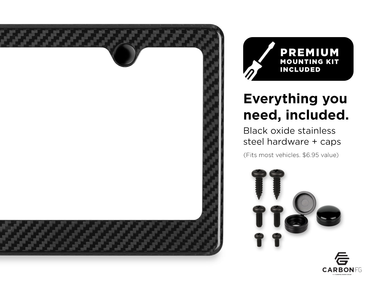 Carbon fiber license plate frame with included black oxide stainless steel hardware and caps, shown with premium mounting kit contents