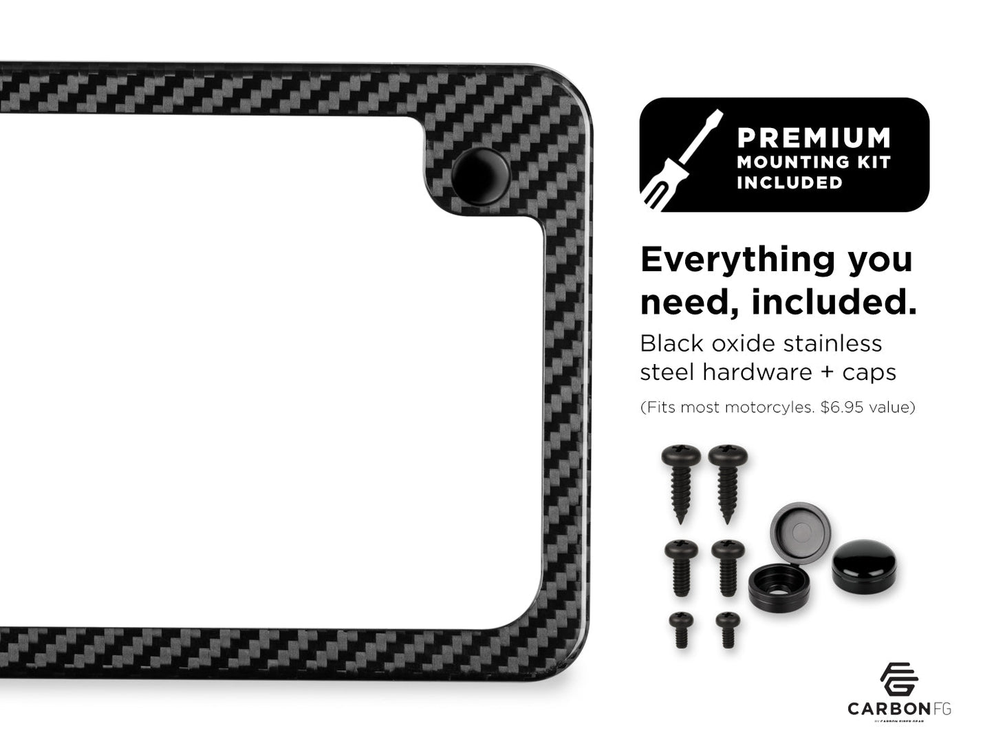 Carbon fiber license plate frame with included black oxide stainless steel hardware and caps, shown with premium mounting kit contents