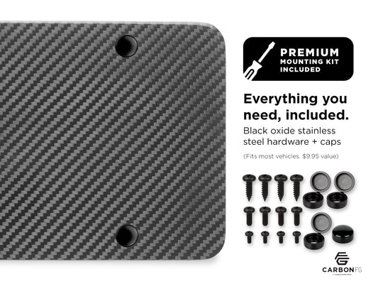Carbon fiber license plate with included black oxide stainless steel hardware and caps, shown with premium mounting kit contents