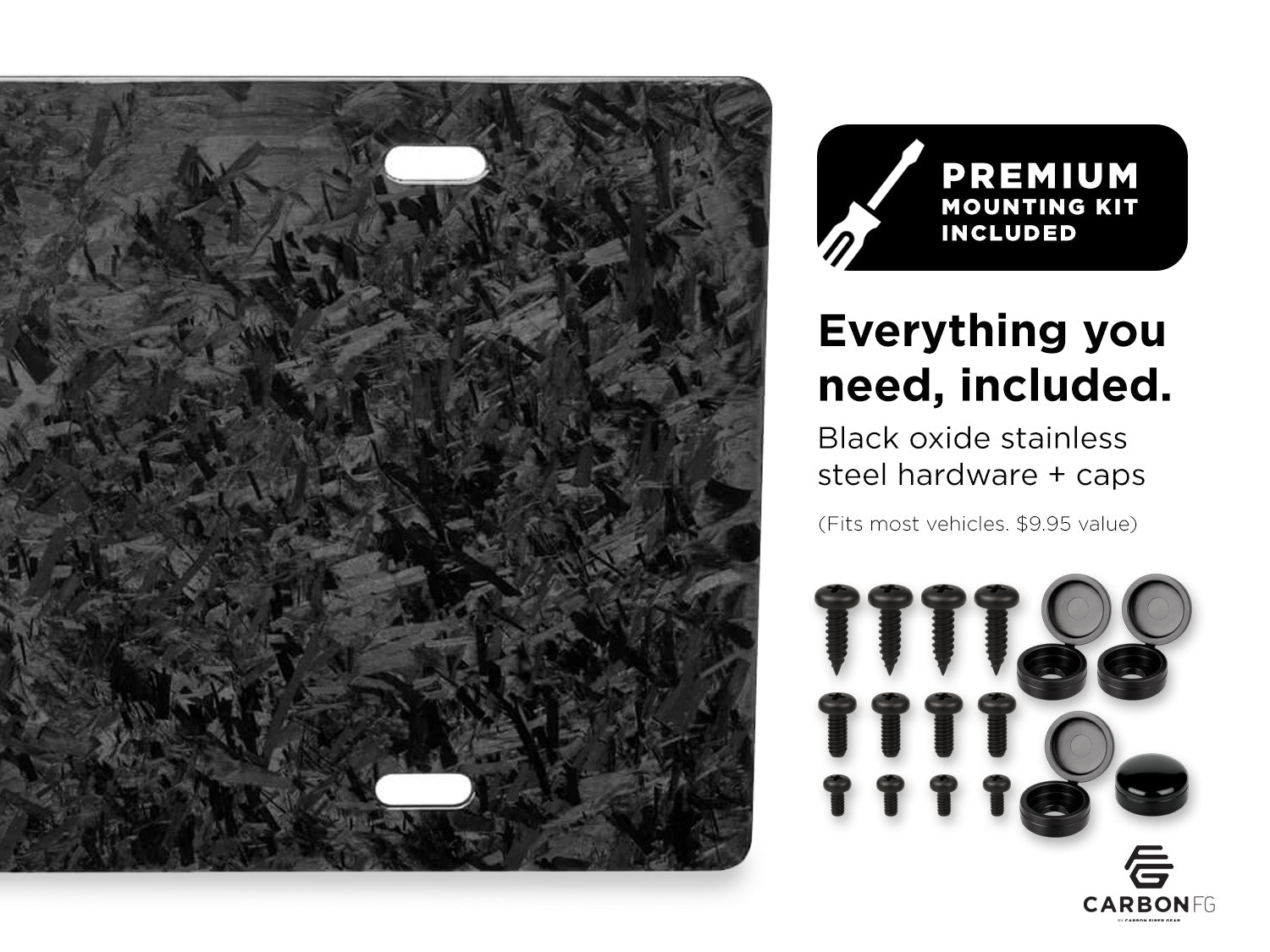 Forged carbon fiber license plate with included black oxide stainless steel hardware and caps, shown with premium mounting kit contents