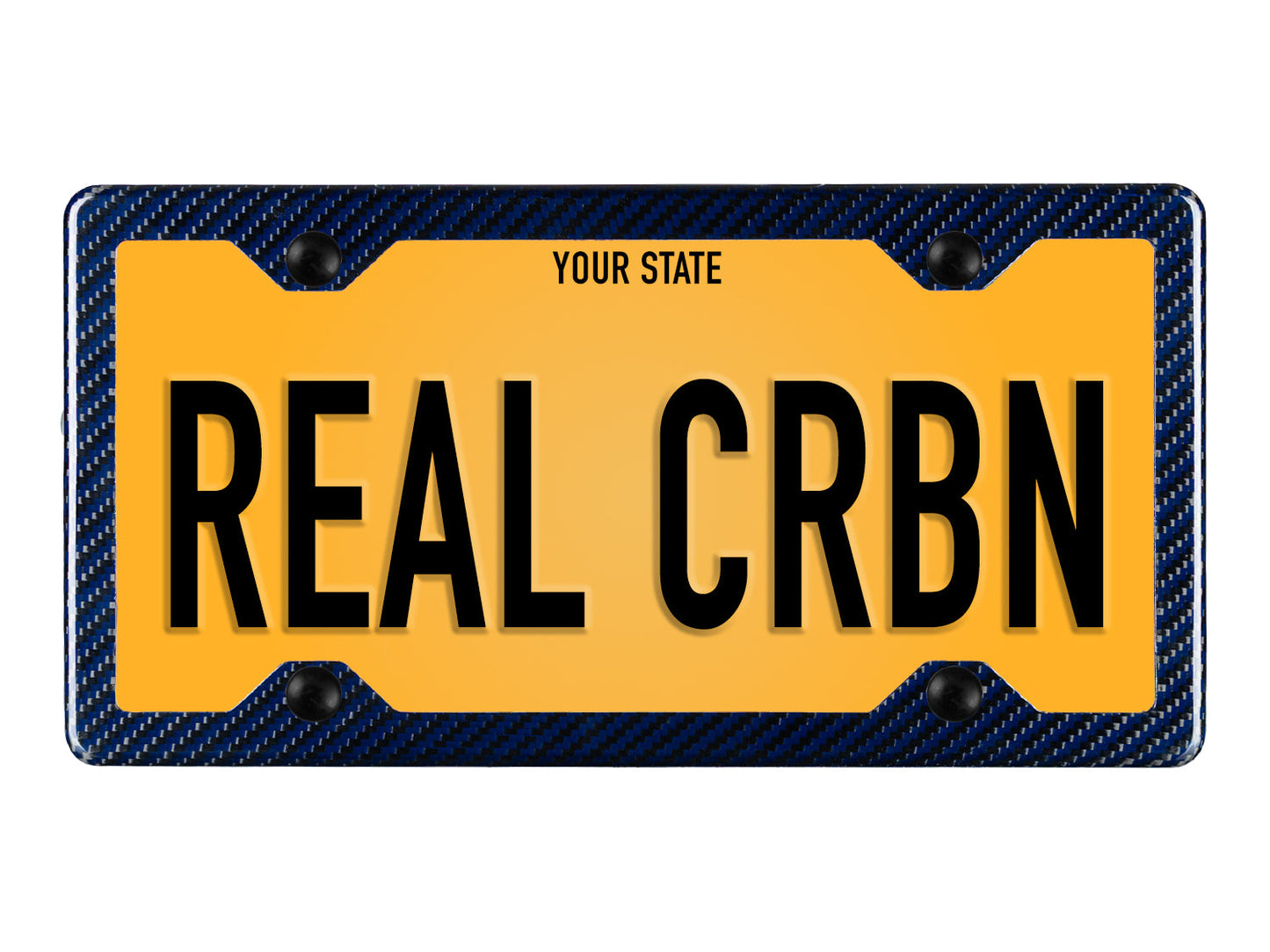 Carbon fiber license plate frame with blue aramid fiber weave pattern shown with sample yellow 'REAL CRBN' license plate installed