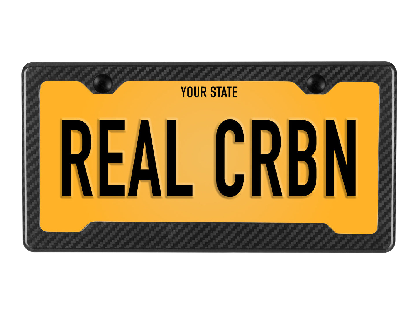 2-hole carbon fiber license plate frame with angled bottom with black caps and license plate example