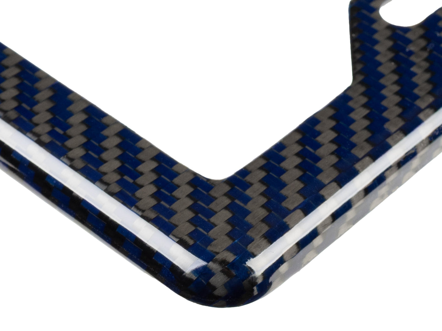 Carbon fiber license plate frame with blue aramid fiber weave pattern shown up close.