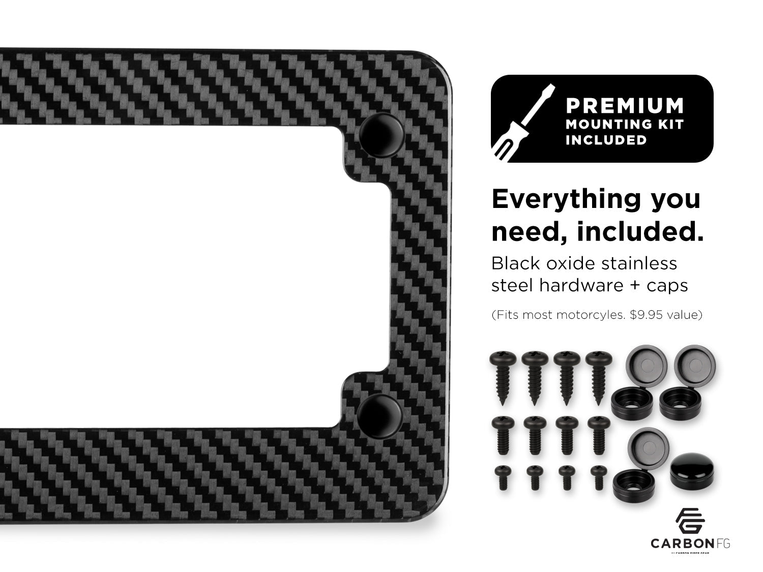 Carbon fiber license plate frame with included black oxide stainless steel hardware and caps, shown with premium mounting kit contents
